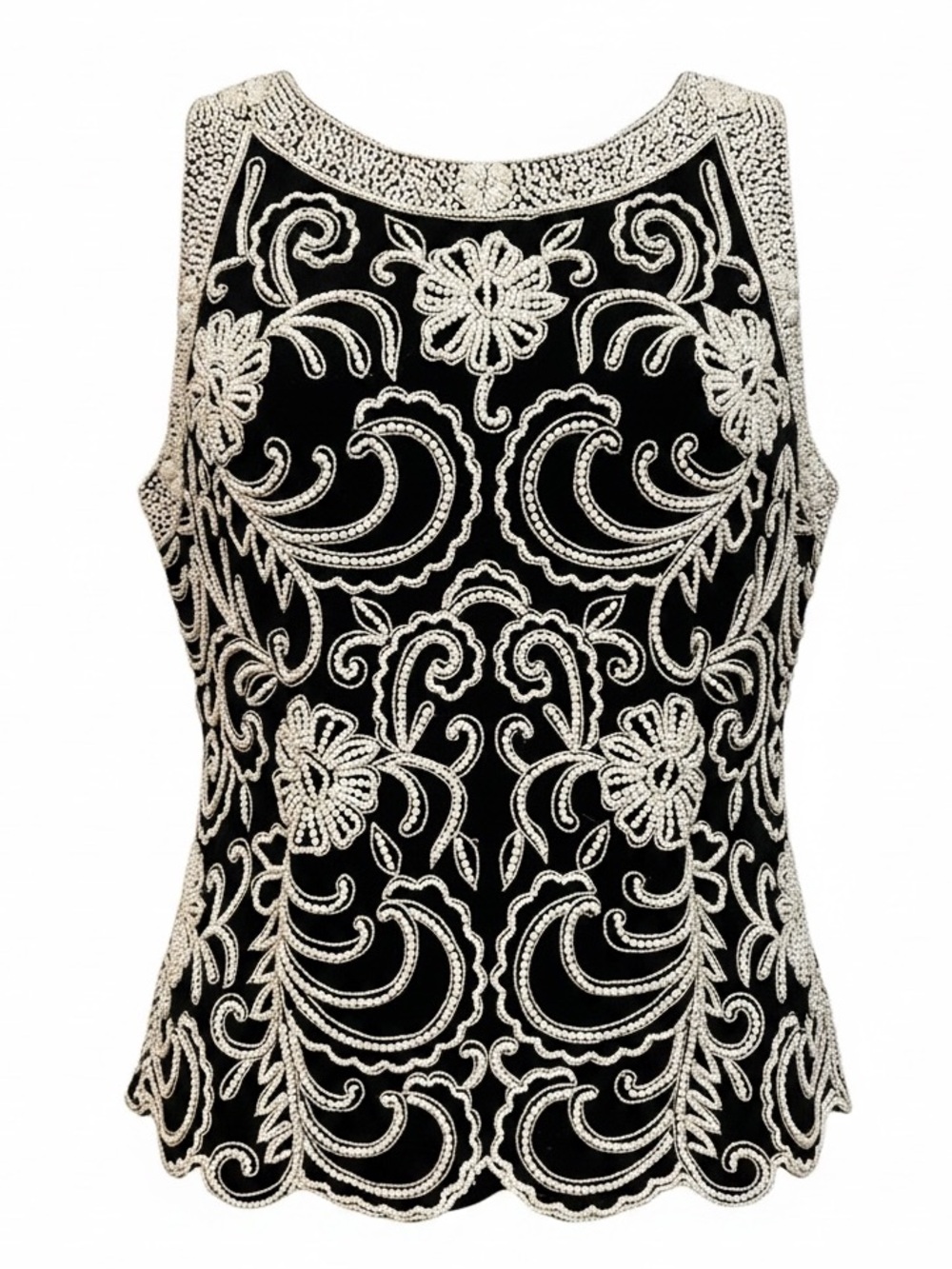 J Kara Black Sleeveless Top with Ivory Floral Beading